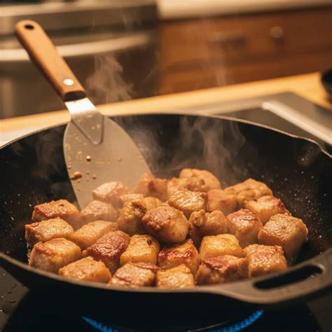 cubos de cerdo dorándose en sartén