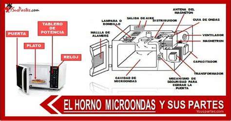 Esquema de las partes de un microondas y sus funciones principales