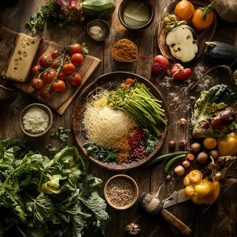 Ingredientes frescos sobre una mesa de madera listos para cocinar