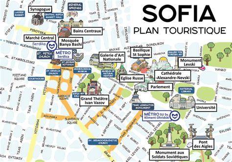 mapa turístico de Sofía con iconos de restaurantes