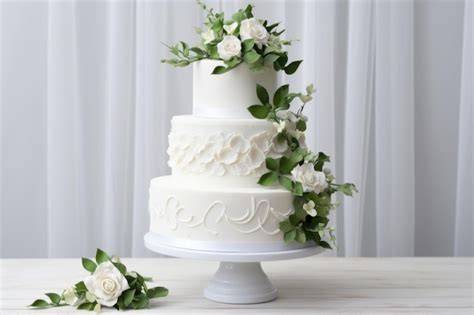 Ilustración de tarta de boda blanca con delicadas flores.