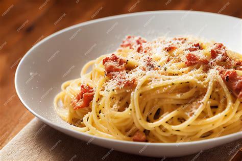 Espaguetis Carbonara recién hechos en un plato, con guanciale crujiente y queso rallado