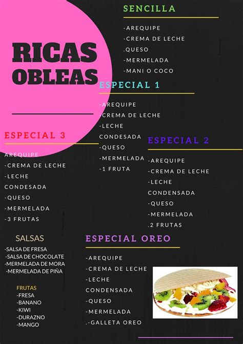 Tabla con ingredientes recomendados para rellenos de obleas