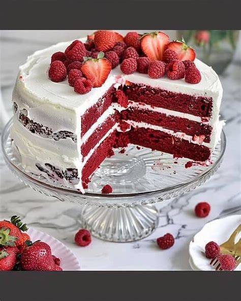 Decoración de tarta Red Velvet con frutos rojos