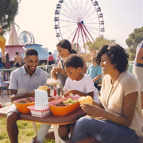 Familia comiendo hamburguesas en un parque de atracciones
