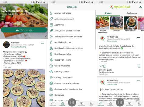 Interfaz de la aplicación MyRealFood mostrando la clasificación de alimentos y su información nutricional