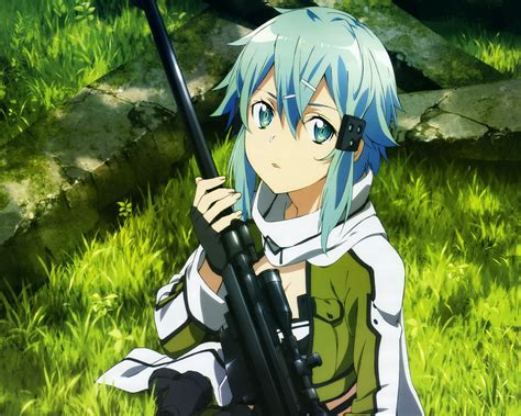 Asada Shino (Sinon) con su equipo de francotirador en Gun Gale Online