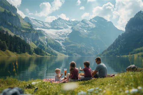 Ilustración de un paisaje alpino con una familia elaborando embutidos