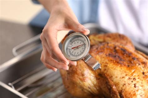 Termómetro de carne midiendo la temperatura de una pechuga de pavo