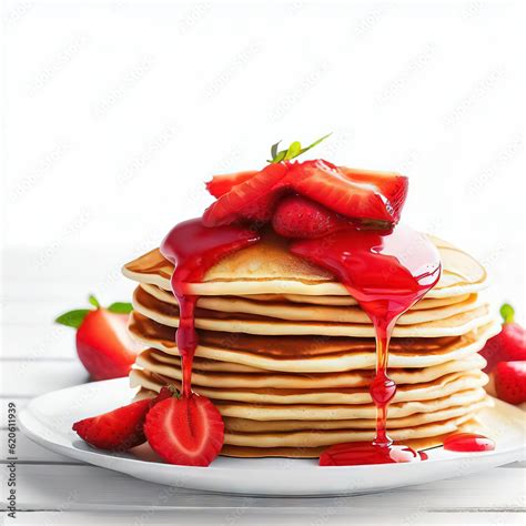 Tortitas americanas apiladas con sirope de fresa y fresas frescas