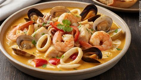Sopa hirviendo en una cazuela con verduras y mariscos