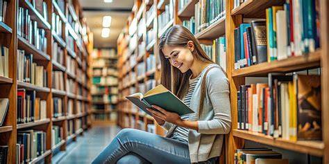 Mujer leyendo un libro en una biblioteca con estanterías llenas