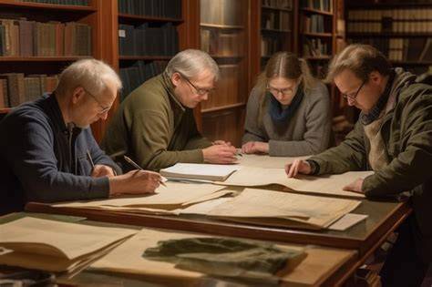 Una persona investigando en un archivo o biblioteca, rodeada de documentos y libros antiguos