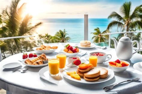 Variedad de platos de desayuno en una mesa con vistas al mar