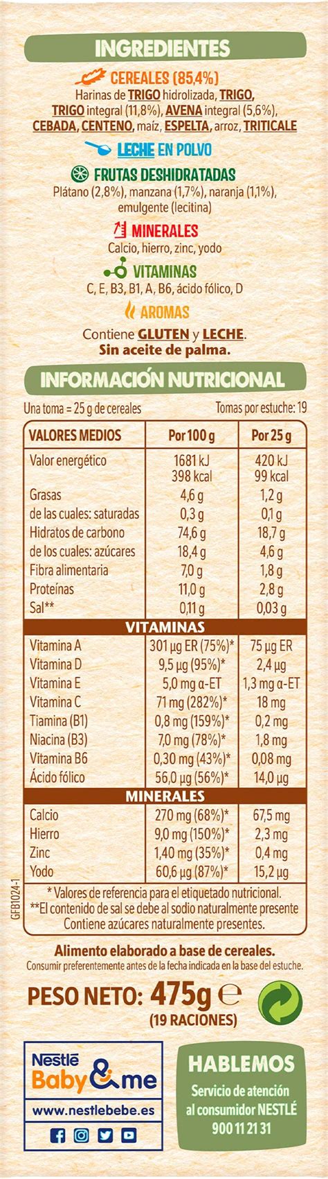 Tabla nutricional de cereales para bebés