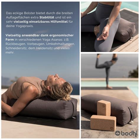 Ilustración de un bolster de yoga relleno de espelta con diferentes posturas de yoga restaurativo