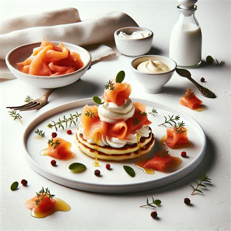 Plato con blinis, caviar rojo y creme fraiche