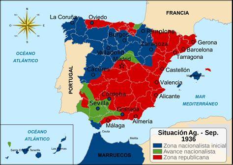 Mapa de España durante la Guerra Civil Española con las zonas controladas por cada bando