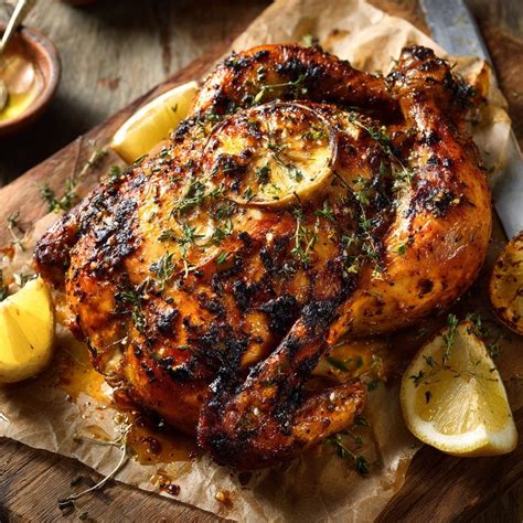 Pollo asado entero con rodajas de limón y hierbas frescas