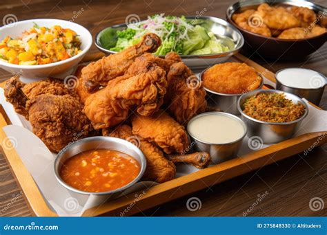 Menú de pollo frito con variedad de platos y acompañamientos