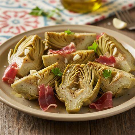 Alcachofas fritas con jamón servidas en un plato