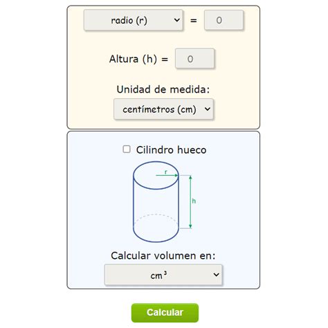 Interfaz de usuario de una calculadora de volumen de tubo