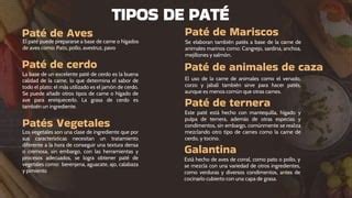 Comparación de diferentes tipos de paté (carne, vegetal, pescado)