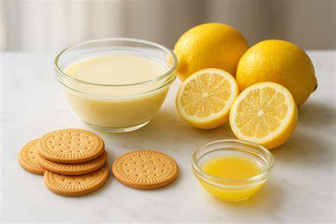 Ingredientes frescos para tarta de limón: limones, huevos, mantequilla, leche condensada