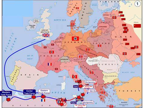 Mapa de la Segunda Guerra Mundial mostrando la invasión de Sicilia y la ruta falsa hacia Grecia