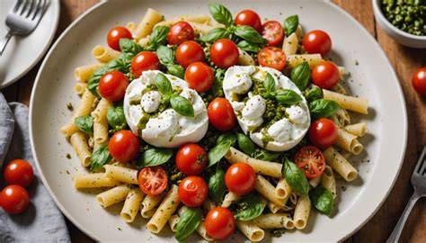 Ingredientes frescos para preparar pesto casero y burrata