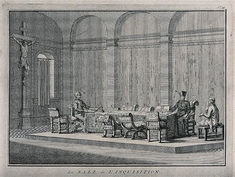 Grabado antiguo de una sala de interrogatorios o tribunal con personas siendo juzgadas