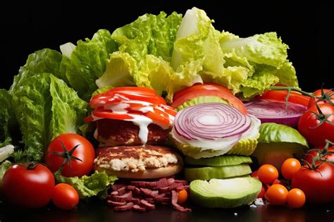 Ingredientes frescos para hamburguesas: lechuga, tomate, cebolla