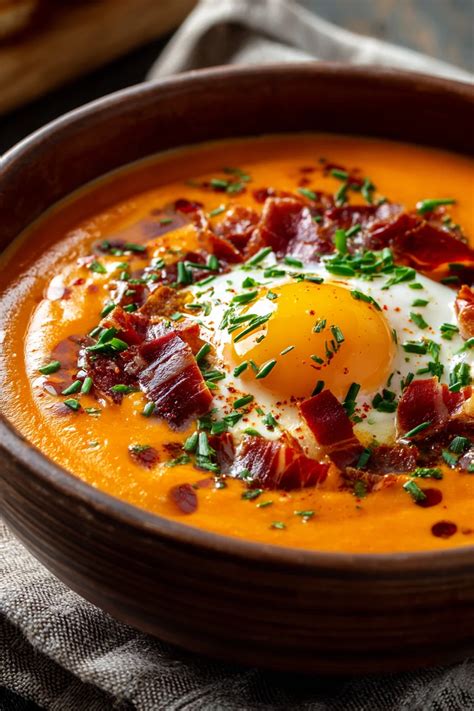 Salmorejo servido en un bol con jamón y huevo