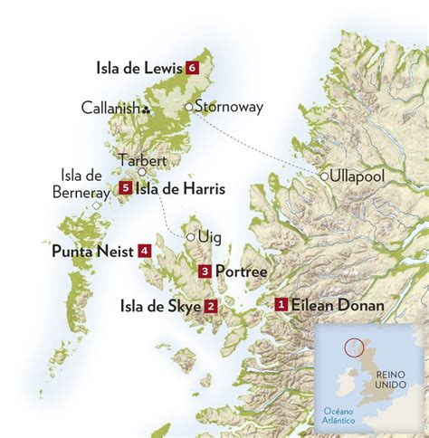 Mapa de las Islas Hébridas Exteriores en Escocia