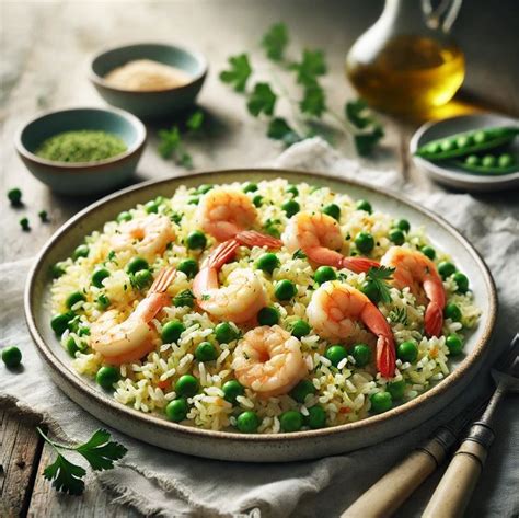 Arroz, gambas y guisantes mezclándose en el wok