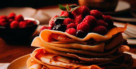 Crepes apiladas con frutos rojos y azúcar glas
