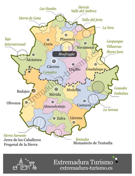 Mapa de la región de Extremadura con puntos de origen de platos tradicionales