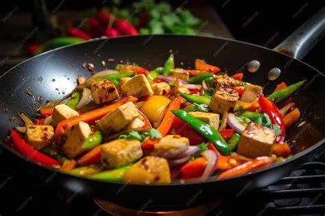 Cocción de tofu y langostinos en wok