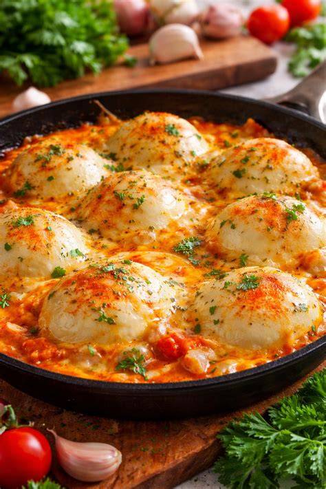 Huevos rellenos gratinados recién salidos del horno con queso fundido