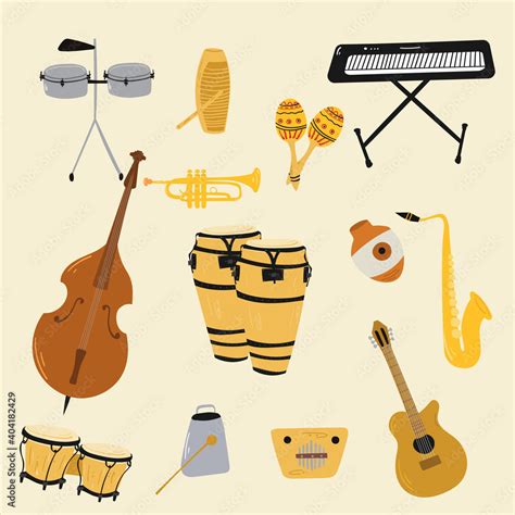 Instrumentos musicales de salsa (trompetas, bongos, congas)