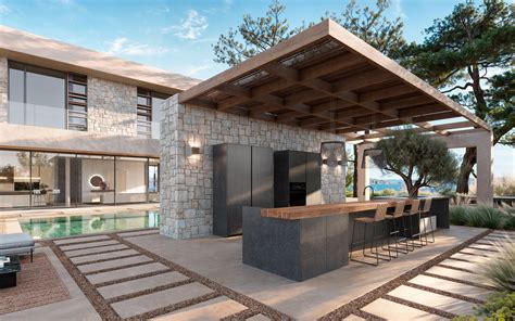 Diseño de cocina exterior moderna con techo