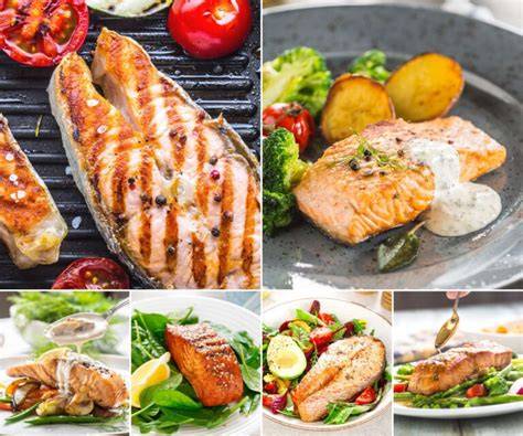 Variedad de platos con salmón, incluyendo a la plancha, al horno y ahumado