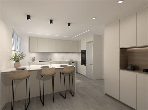 Mobiliario de cocina en tono Blanco Perla con detalles en madera