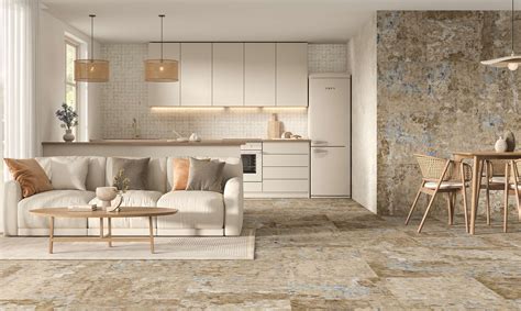 Azulejos efecto textil en tonos beige para una cocina acogedora