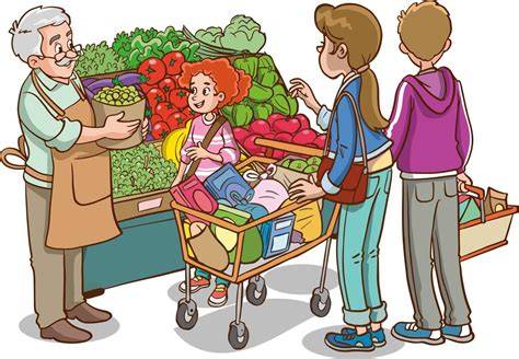 Ilustración de una familia realizando compras en una verdulería de barrio.