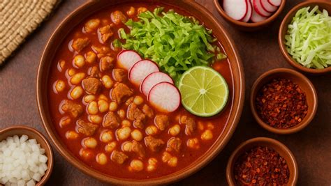 Pozole rojo tradicional con guarniciones
