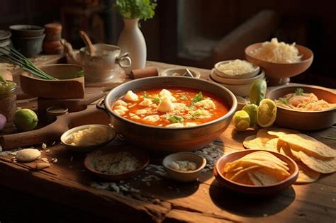 Mesa con diferentes guarniciones para pozole