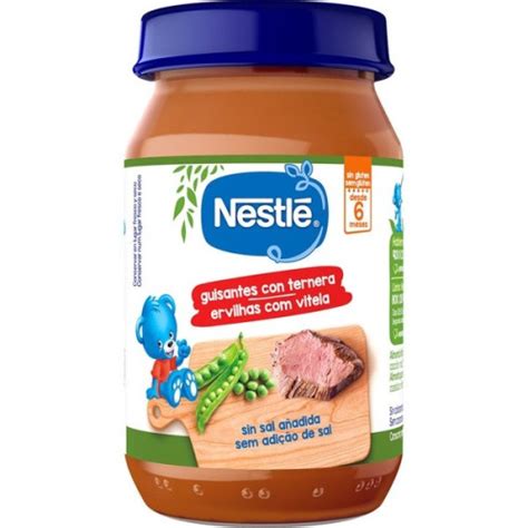 Imagen de un tarrito de comida para bebé con guisantes y ternera