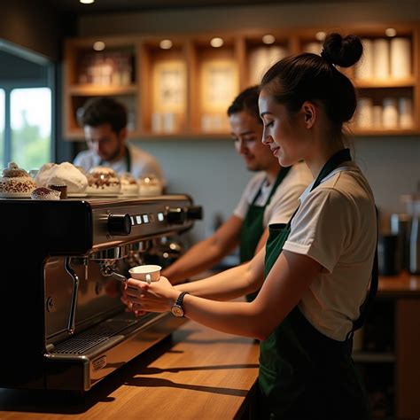 Interior de una tienda Starbucks con baristas preparando bebidas