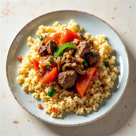 Plato con cordero glaseado, cuscús y guarnición de cerezas